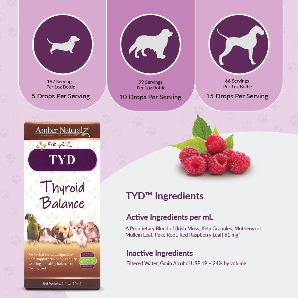 Herbal Supplement for Thyroid Health in Pets | Amber NaturalZ TYD Thyroid Balance | 1oz Glass Bottle | Made in USA