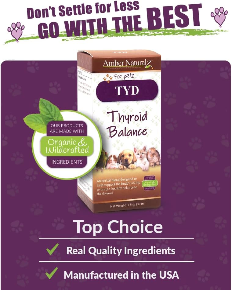 Herbal Supplement for Thyroid Health in Pets | Amber NaturalZ TYD Thyroid Balance | 1oz Glass Bottle | Made in USA