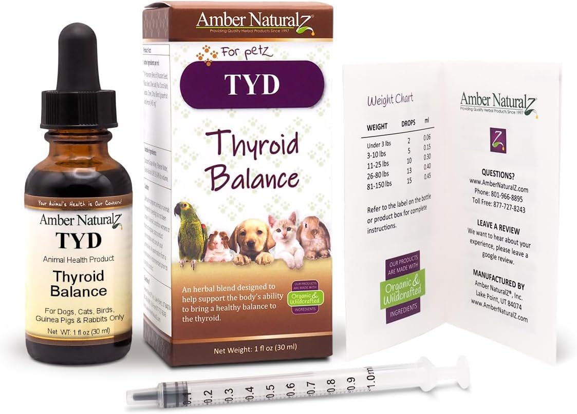 Herbal Supplement for Thyroid Health in Pets | Amber NaturalZ TYD Thyroid Balance | 1oz Glass Bottle | Made in USA