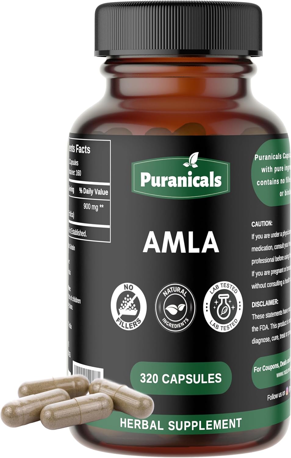 Herbal Supplement with Amla Powder for Immunity, Skin, and Hair Health - 320 Capsules, 900mg Per Serving