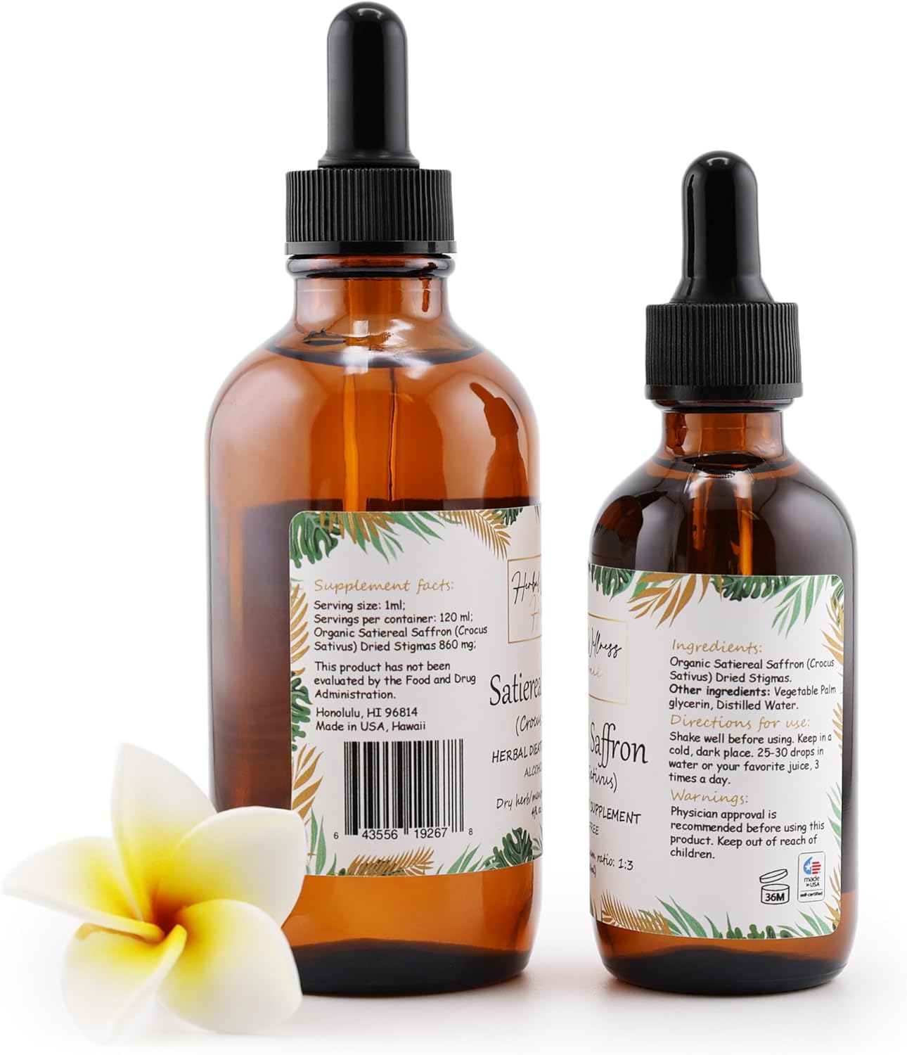 Herbal Wellness Hawaii Satiereal Saffron Liquid Extract - Mood and Well-Being Supplement, Alcohol-Free - 4 Fl.oz