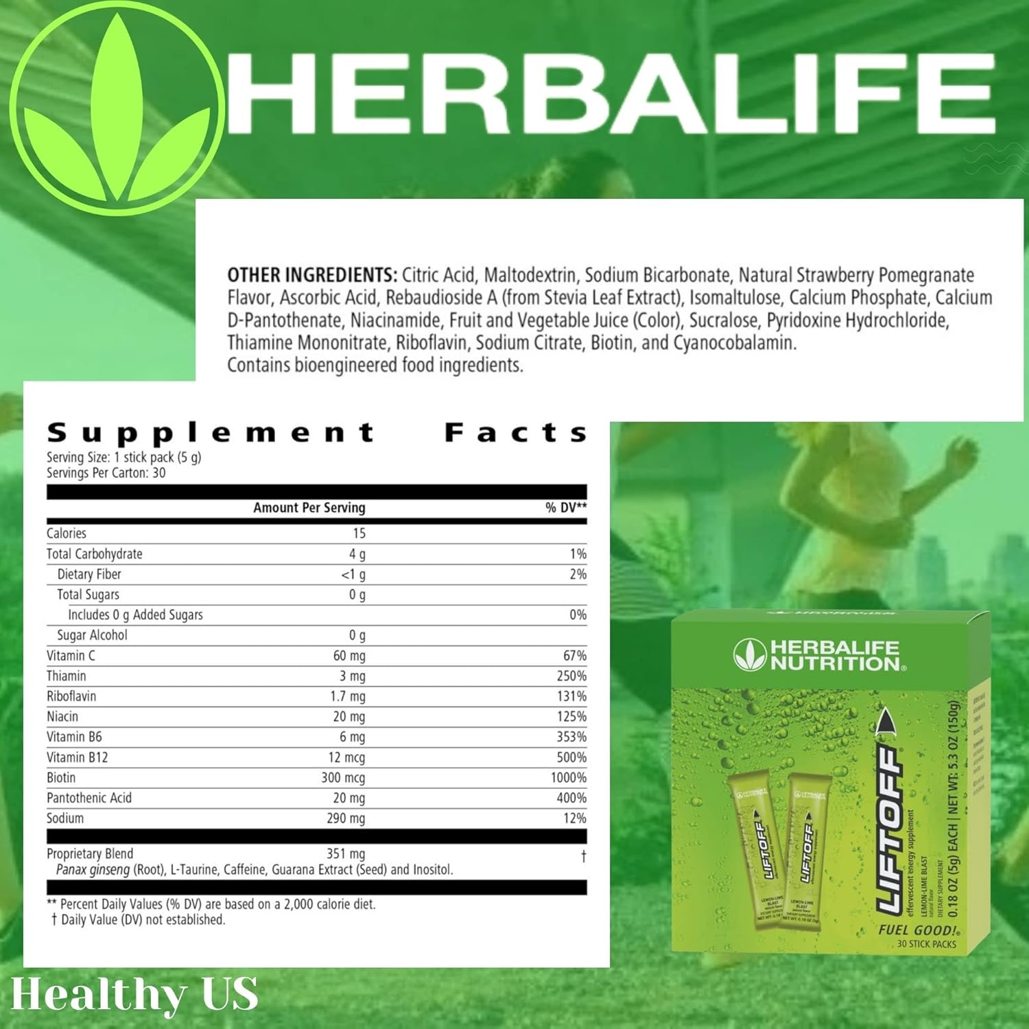 Herbalife Nutrition LIFTOFF Energy Stick Packs - Lemon-Lime Blast - 30 Count for Instant Natural Energy Boost, Mental Clarity, and Focus