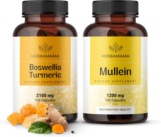 HERBAMAMA Boswellia Turmeric and Mullein Leaf Capsules Bundle - 2100mg Boswellia Turmeric & 1200mg Mullein Leaf Capsules - Vegan, Non GMO, Gelatin-Free - 2 Pack