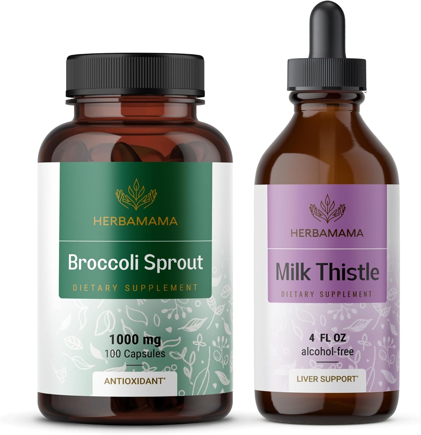 HERBAMAMA Broccoli Sprout and Milk Thistle Supplement Bundle - 1000mg Capsules & 4 oz Extract - Vegan, Non-GMO, Sugar & Alcohol-Free - 2 Pack