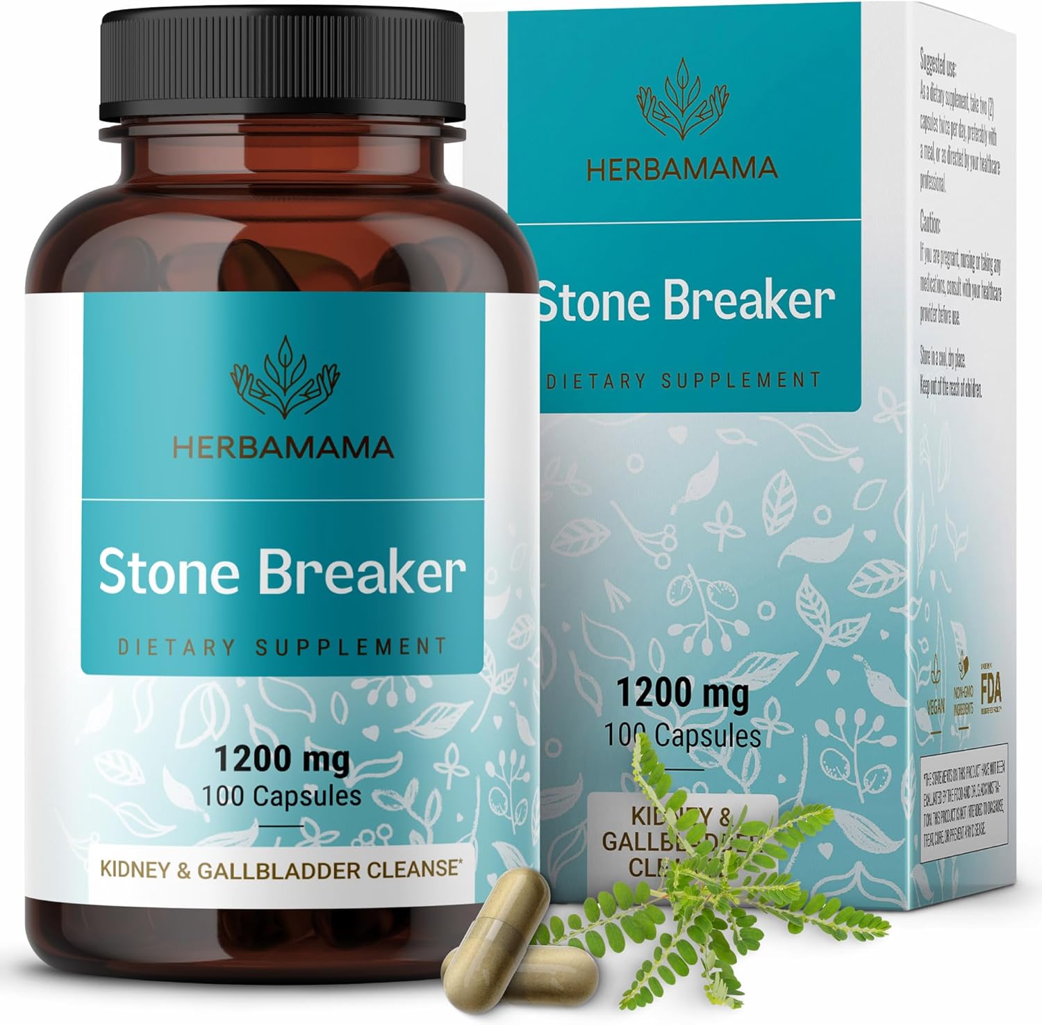 HERBAMAMA Chanca Piedra Stone Breaker Capsules - 1200mg for Kidney Stones & Gallbladder Cleanse - Vegan, Non-GMO Kidney Support Supplement - 100 Capsules