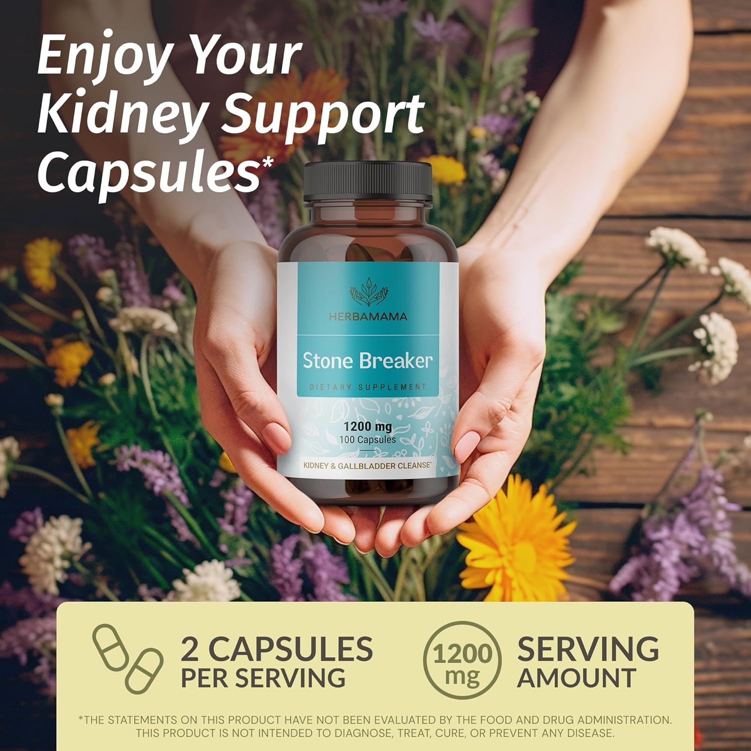 HERBAMAMA Chanca Piedra Stone Breaker Capsules - 1200mg for Kidney Stones & Gallbladder Cleanse - Vegan, Non-GMO Kidney Support Supplement - 100 Capsules