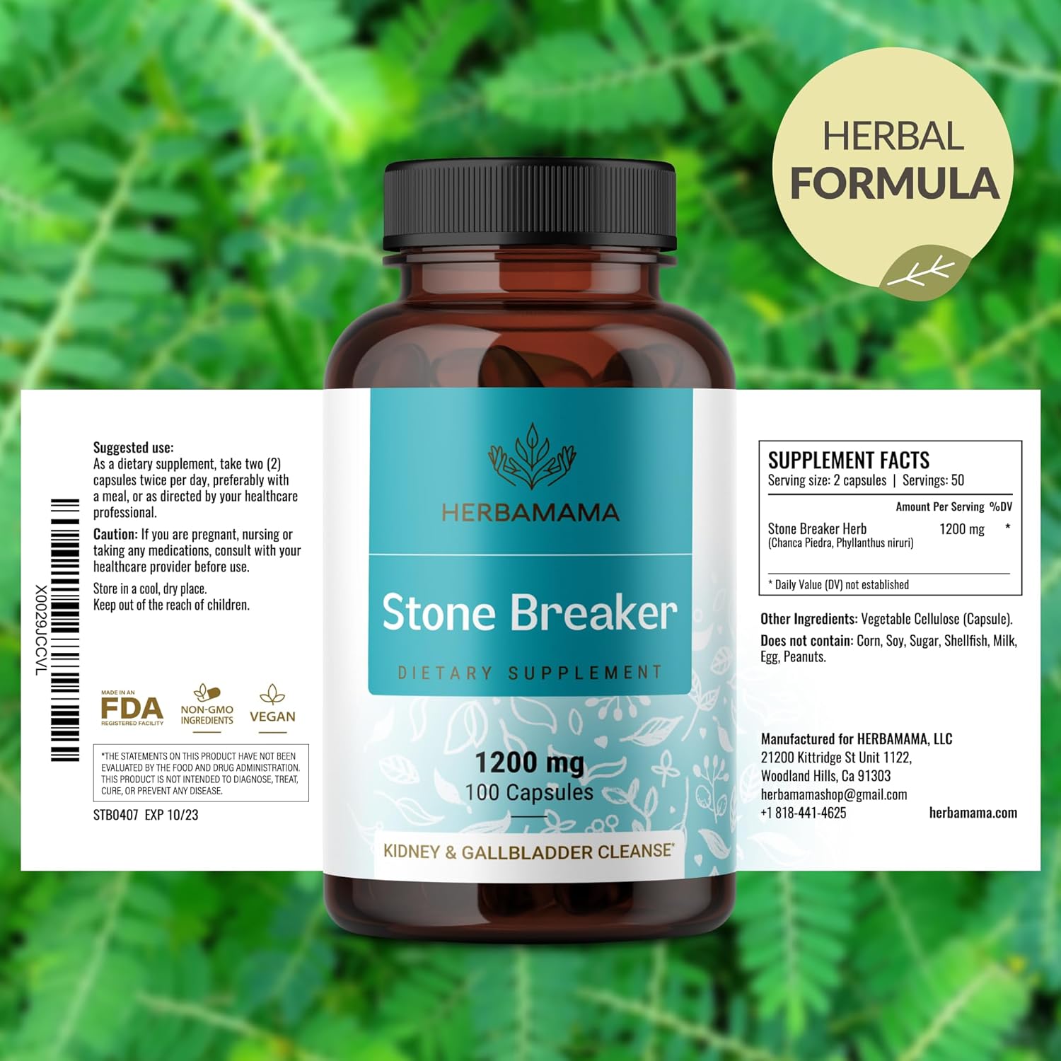 HERBAMAMA Chanca Piedra Stone Breaker Capsules - 1200mg for Kidney Stones & Gallbladder Cleanse - Vegan, Non-GMO Kidney Support Supplement - 100 Capsules