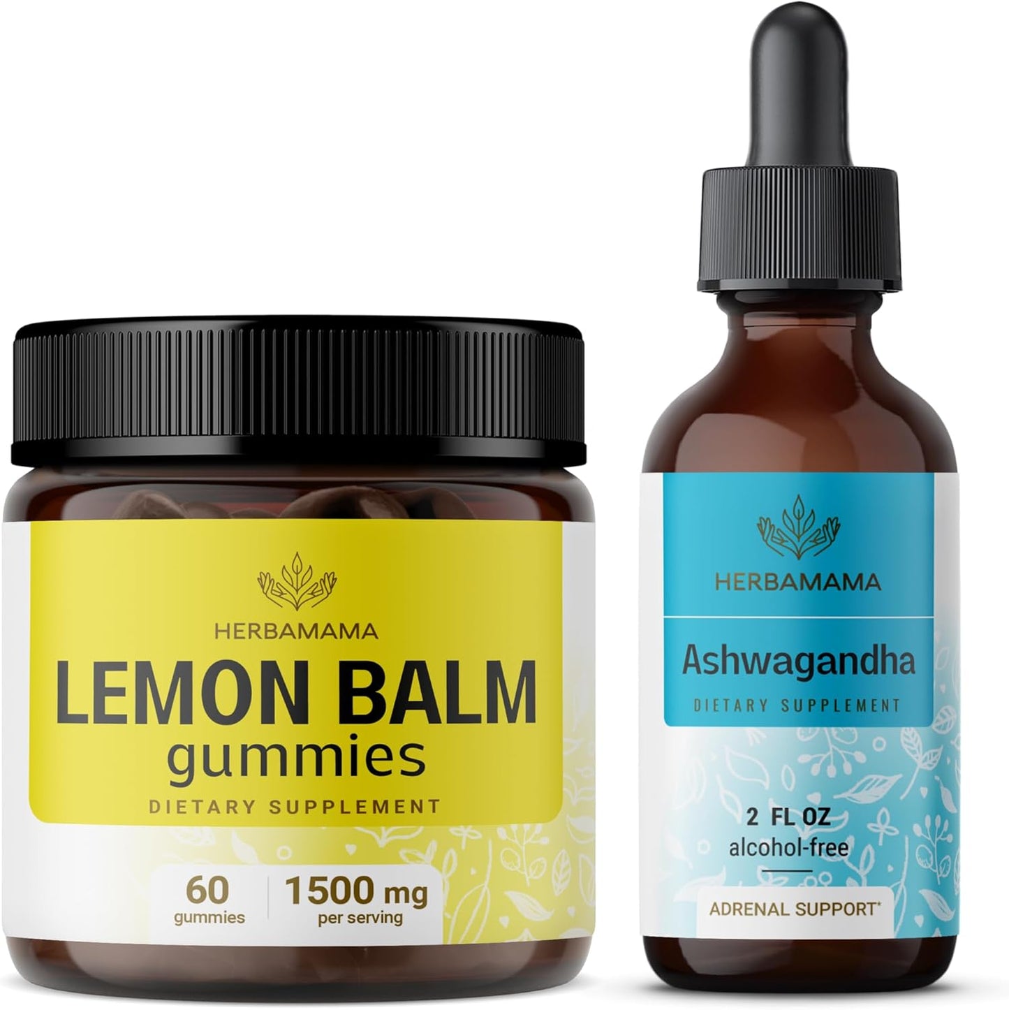 HERBAMAMA Lemon Balm and Ashwagandha Bundle - Vegan Gummies & Liquid Drops - Non-GMO, Alcohol & Gelatin-Free - 2 Pack