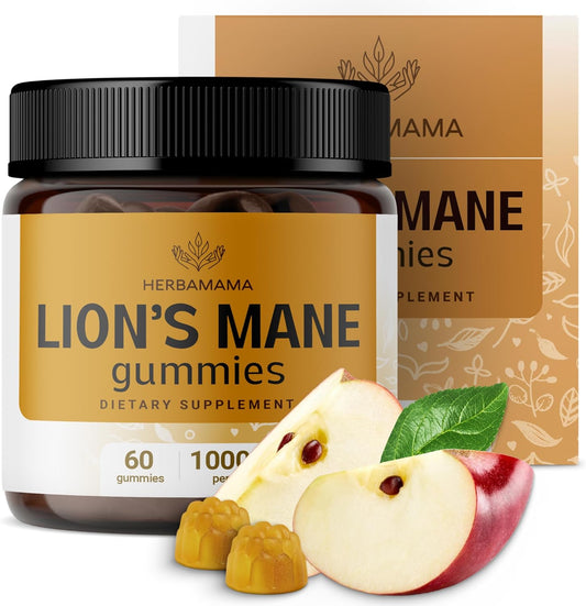 HERBAMAMA Lion's Mane Mushroom Gummies - 1000mg Brain Clarity Support - Vegan Focus Supplement for Adults - 60 Apple-Flavored Chews