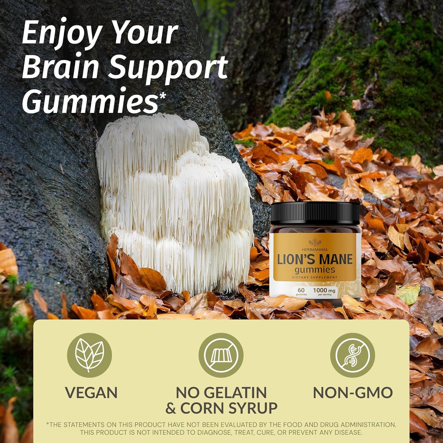 HERBAMAMA Lion's Mane Mushroom Gummies - 1000mg Brain Clarity Support - Vegan Focus Supplement for Adults - 60 Apple-Flavored Chews