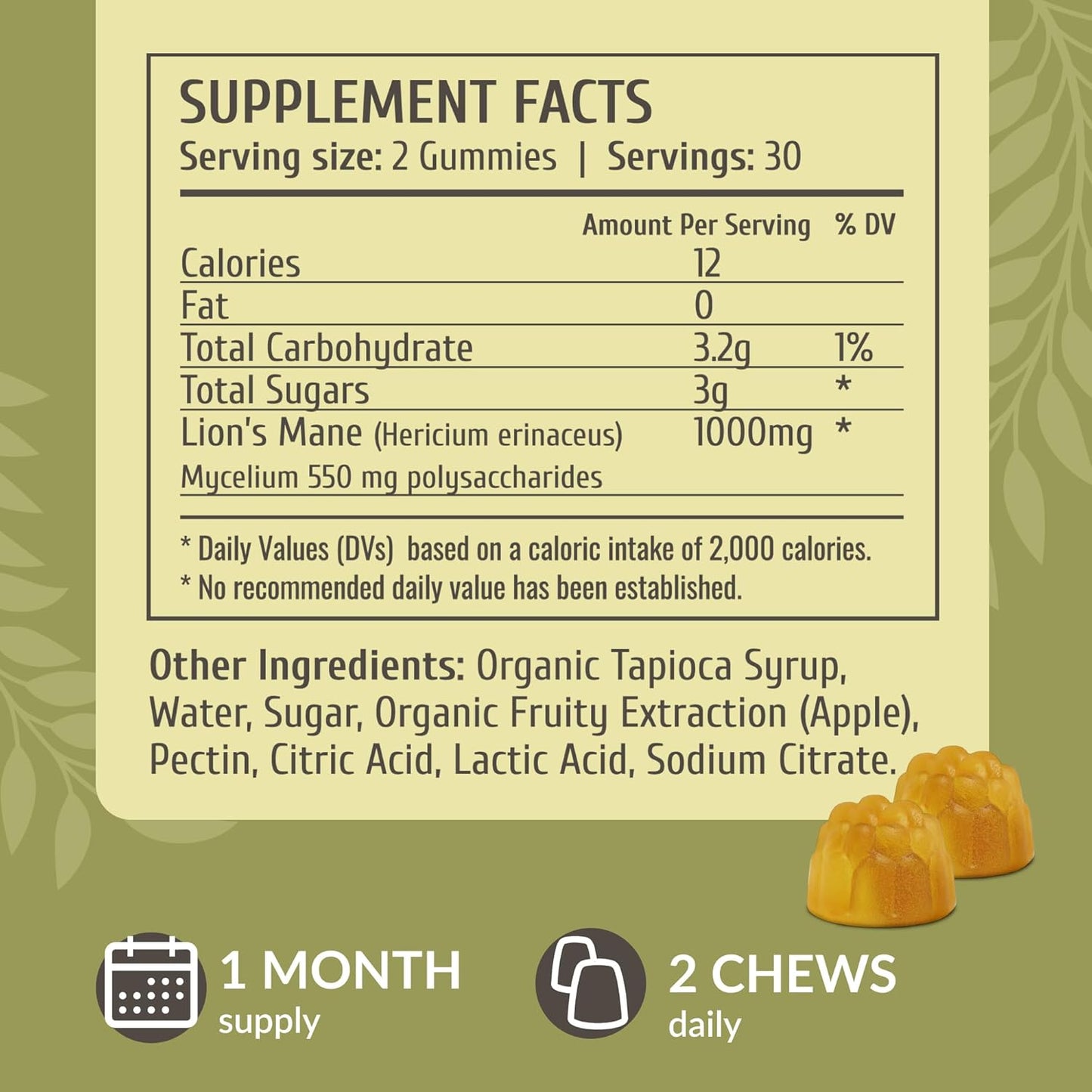 HERBAMAMA Lion's Mane Mushroom Gummies - 1000mg Brain Clarity Support - Vegan Focus Supplement for Adults - 60 Apple-Flavored Chews