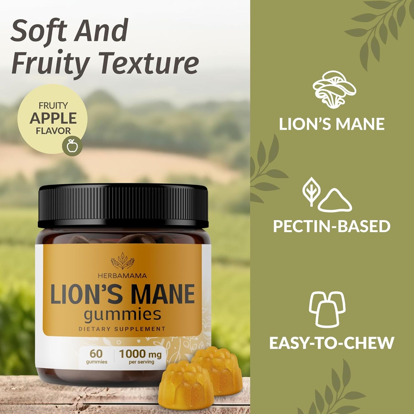 HERBAMAMA Lion's Mane Mushroom Gummies - 1000mg Brain Clarity Support - Vegan Focus Supplement for Adults - 60 Apple-Flavored Chews