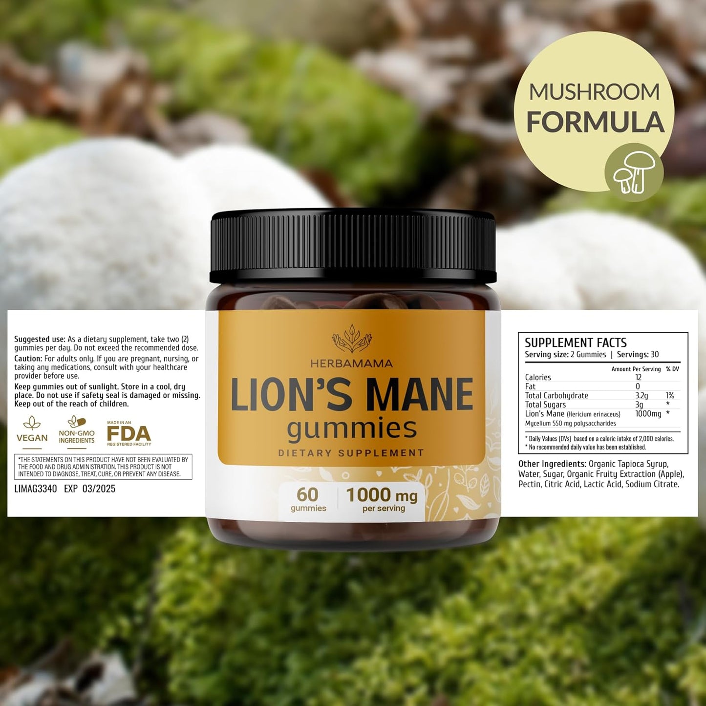HERBAMAMA Lion's Mane Mushroom Gummies - 1000mg Brain Clarity Support - Vegan Focus Supplement for Adults - 60 Apple-Flavored Chews