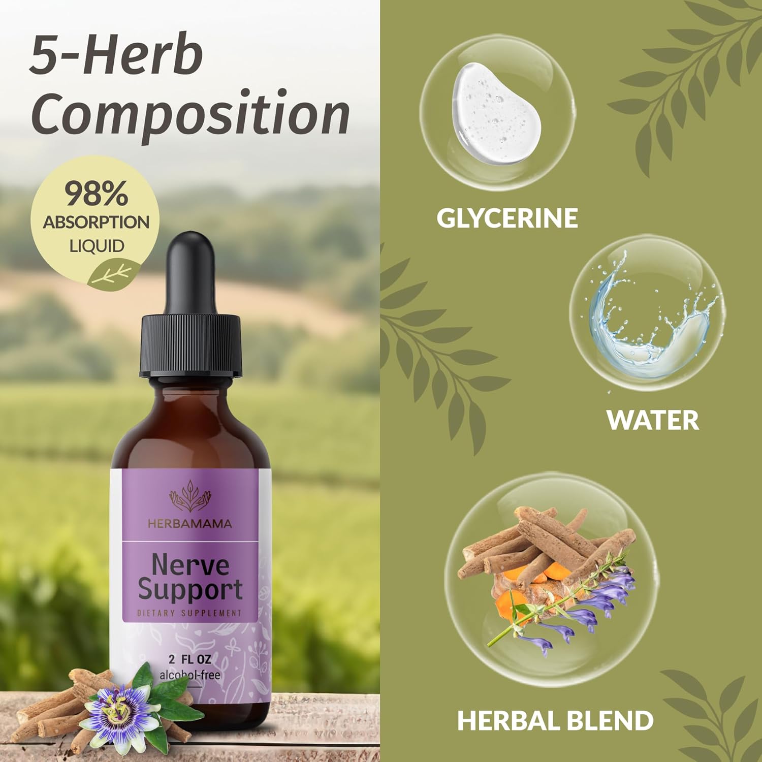 HERBAMAMA Nerve Support Liquid Complex and Rhodiola Rosea Capsules Bundle - Vegan, Non-GMO, Sugar & Alcohol-Free, 2 Pack