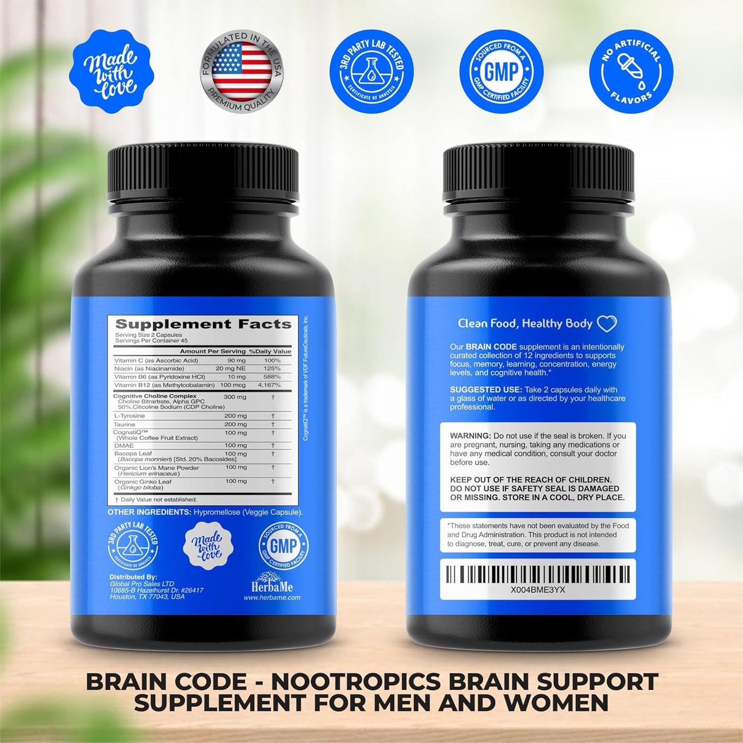HerbaMe Brain Code: Nootropic Supplement for Memory, Focus, and Cognitive Health | 90 Capsules to Enhance Mental Clarity and Concentration