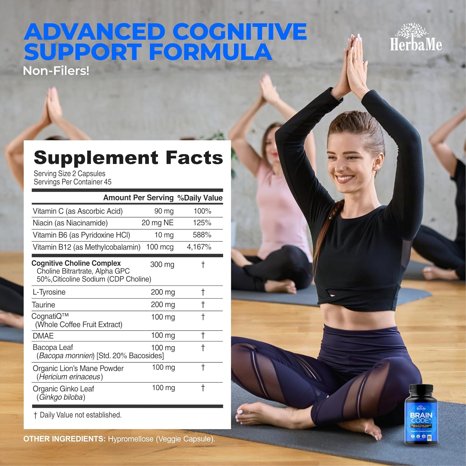 HerbaMe Brain Code: Nootropic Supplement for Memory, Focus, and Cognitive Health | 90 Capsules to Enhance Mental Clarity and Concentration