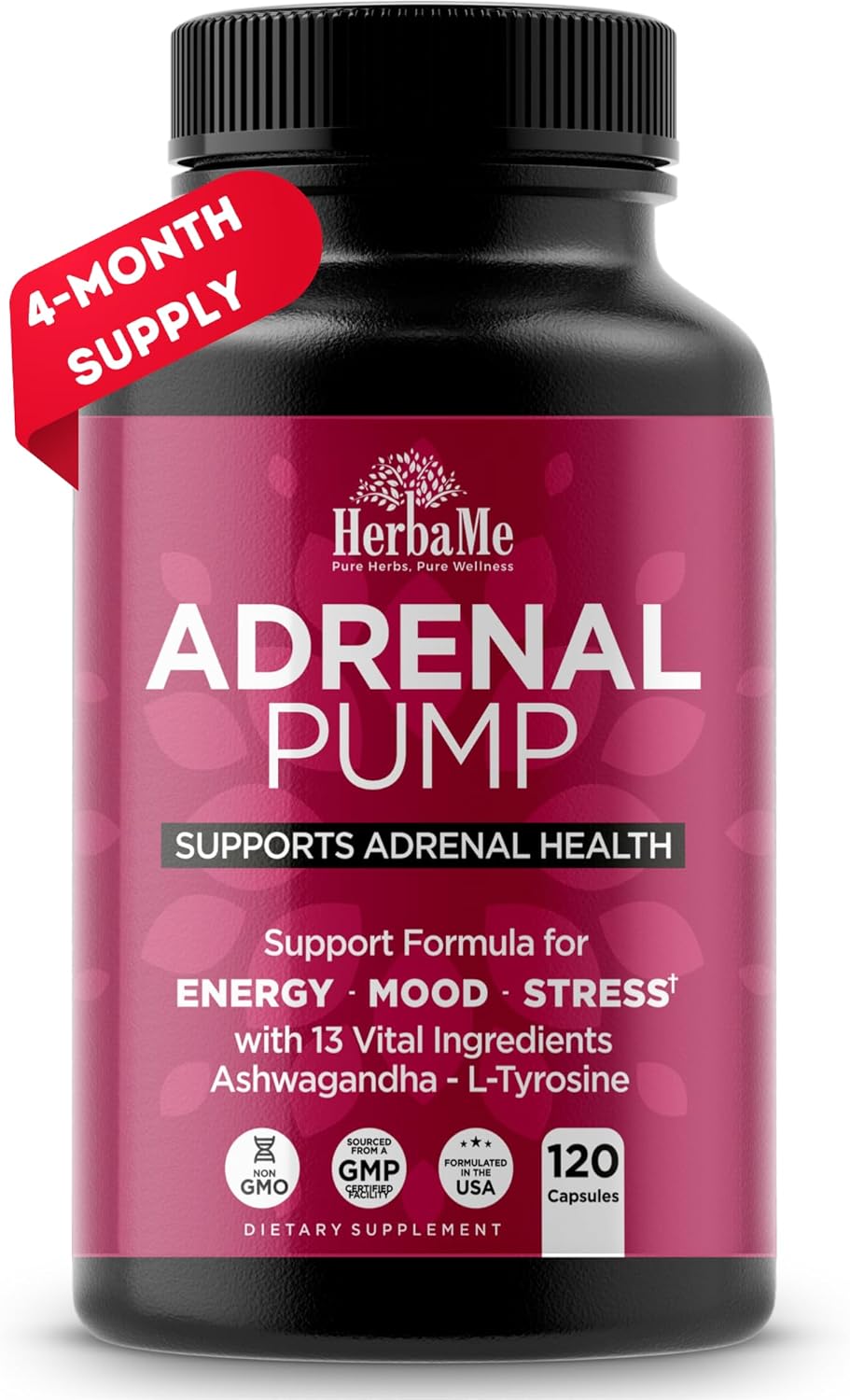 HerbaMe Cortisol Manager Capsules - Adrenal Support Supplement with Ashwagandha & L-Tyrosine for Energy, Stress Relief, Mood Balance, and Fatigue Reduction - 120 Pills