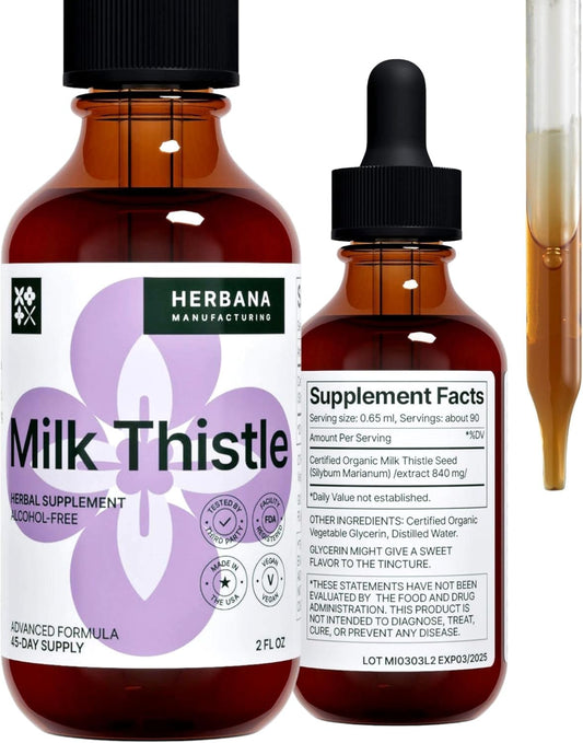 Herbana Manufacturing Milk Thistle Liquid Extract - Liver Support Drops - Cleanse & Detox Supplement - Silybum Marianum Tincture - High Potency - 45-Day Supply - Family Size