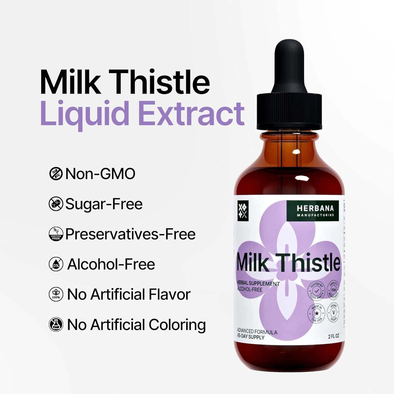 Herbana Manufacturing Milk Thistle Liquid Extract - Liver Support Drops - Cleanse & Detox Supplement - Silybum Marianum Tincture - High Potency - 45-Day Supply - Family Size