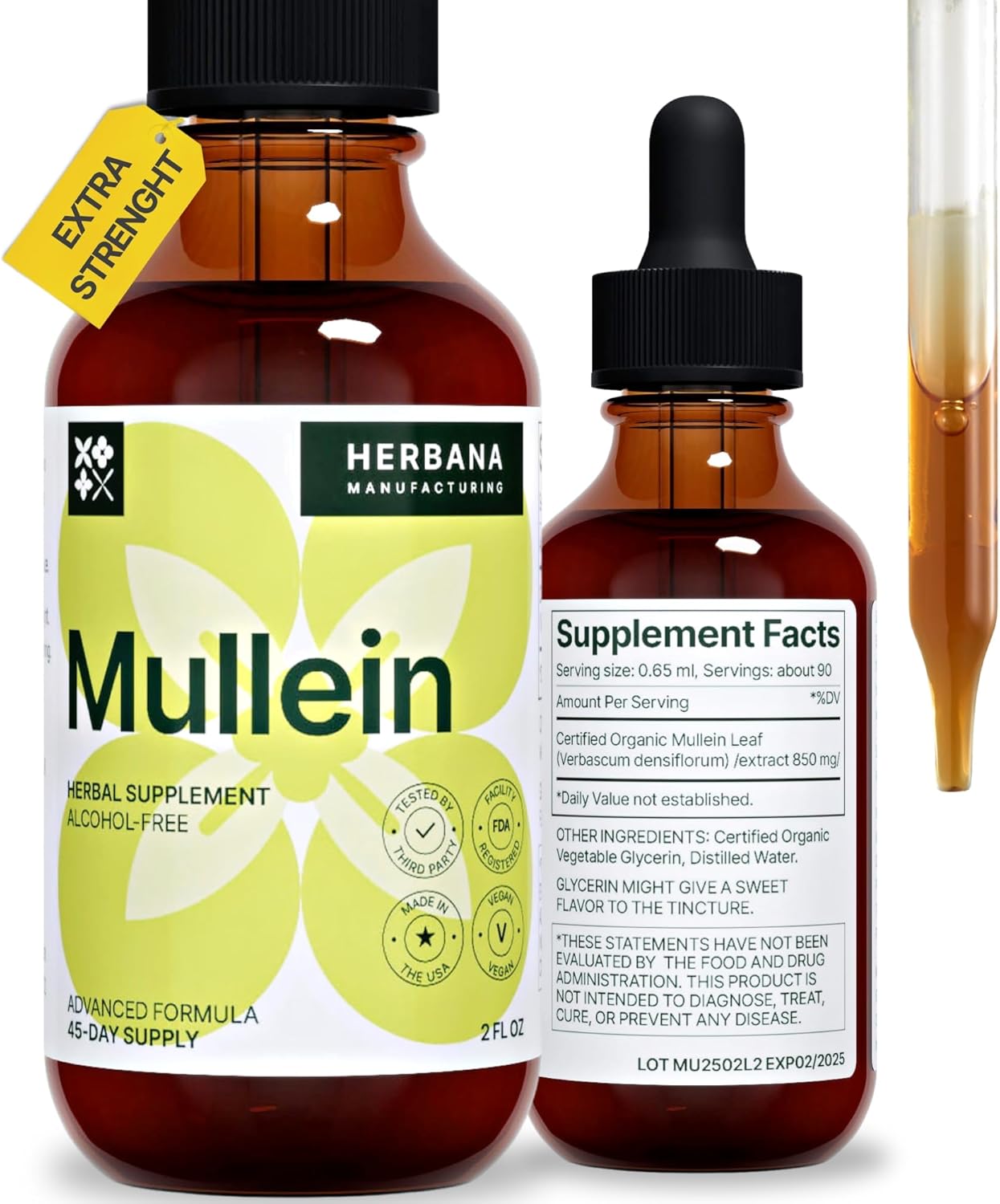 Herbana Manufacturing Mullein Leaf Liquid Extract - Natural Lung Cleanse & Detox Supplement - Respiratory Health and Immune Support Tincture - High Potency Drops - 45-Day Supply