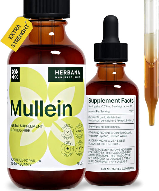 Herbana Manufacturing Mullein Leaf Liquid Extract - Natural Lung Cleanse & Detox Supplement - Respiratory Health and Immune Support Tincture - High Potency Drops - 45-Day Supply