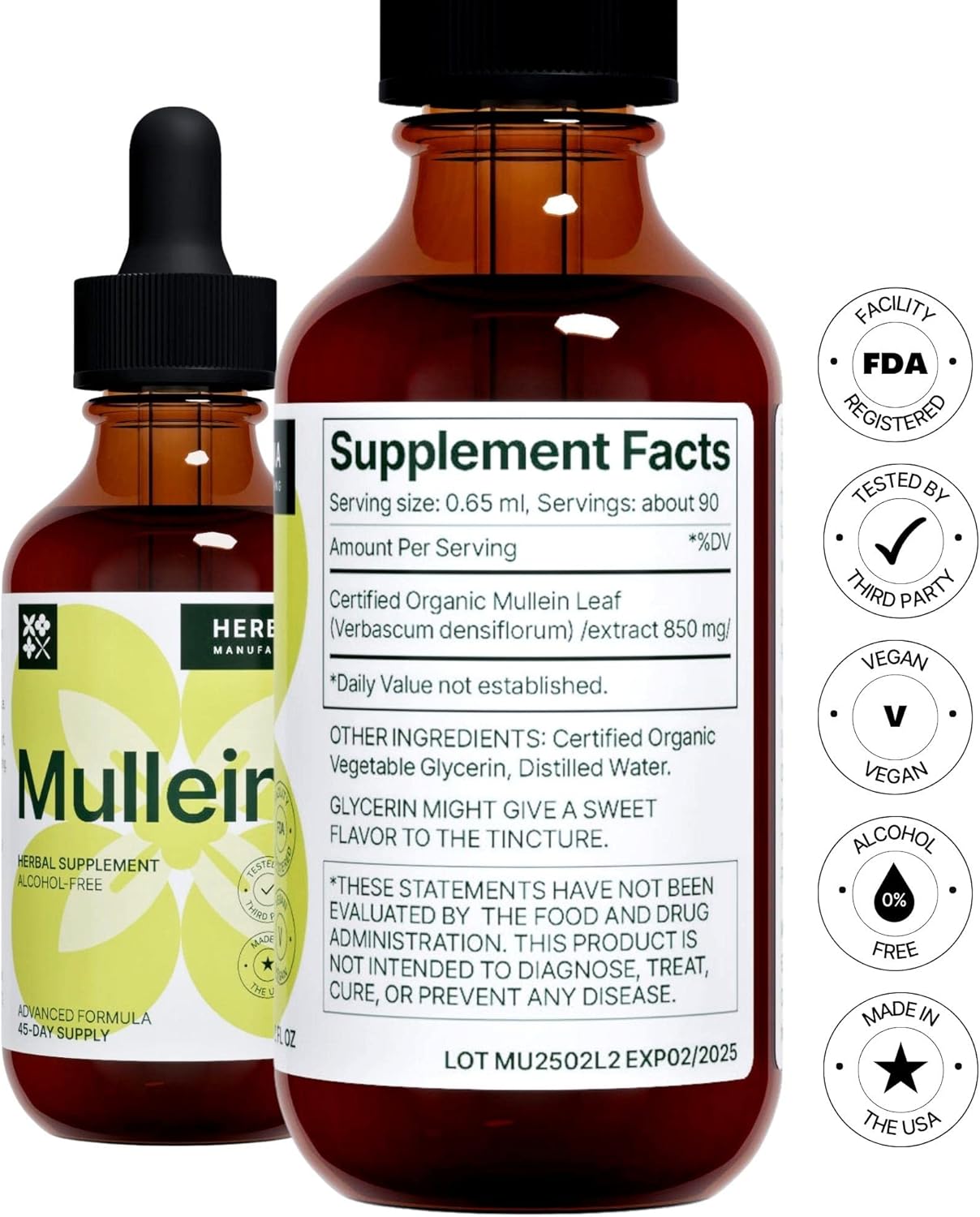 Herbana Manufacturing Mullein Leaf Liquid Extract - Natural Lung Cleanse & Detox Supplement - Respiratory Health and Immune Support Tincture - High Potency Drops - 45-Day Supply