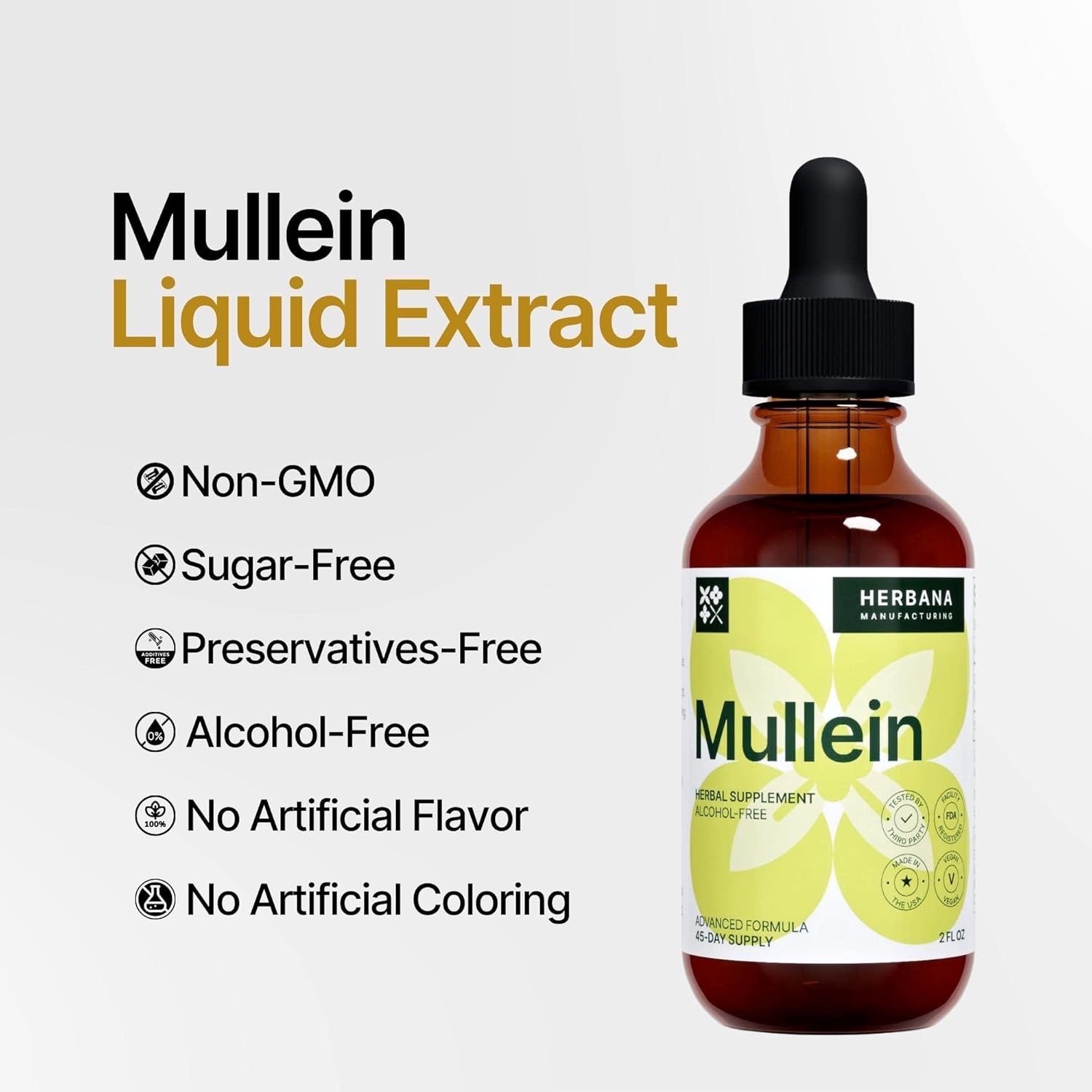 Herbana Manufacturing Mullein Leaf Liquid Extract - Natural Lung Cleanse & Detox Supplement - Respiratory Health and Immune Support Tincture - High Potency Drops - 45-Day Supply