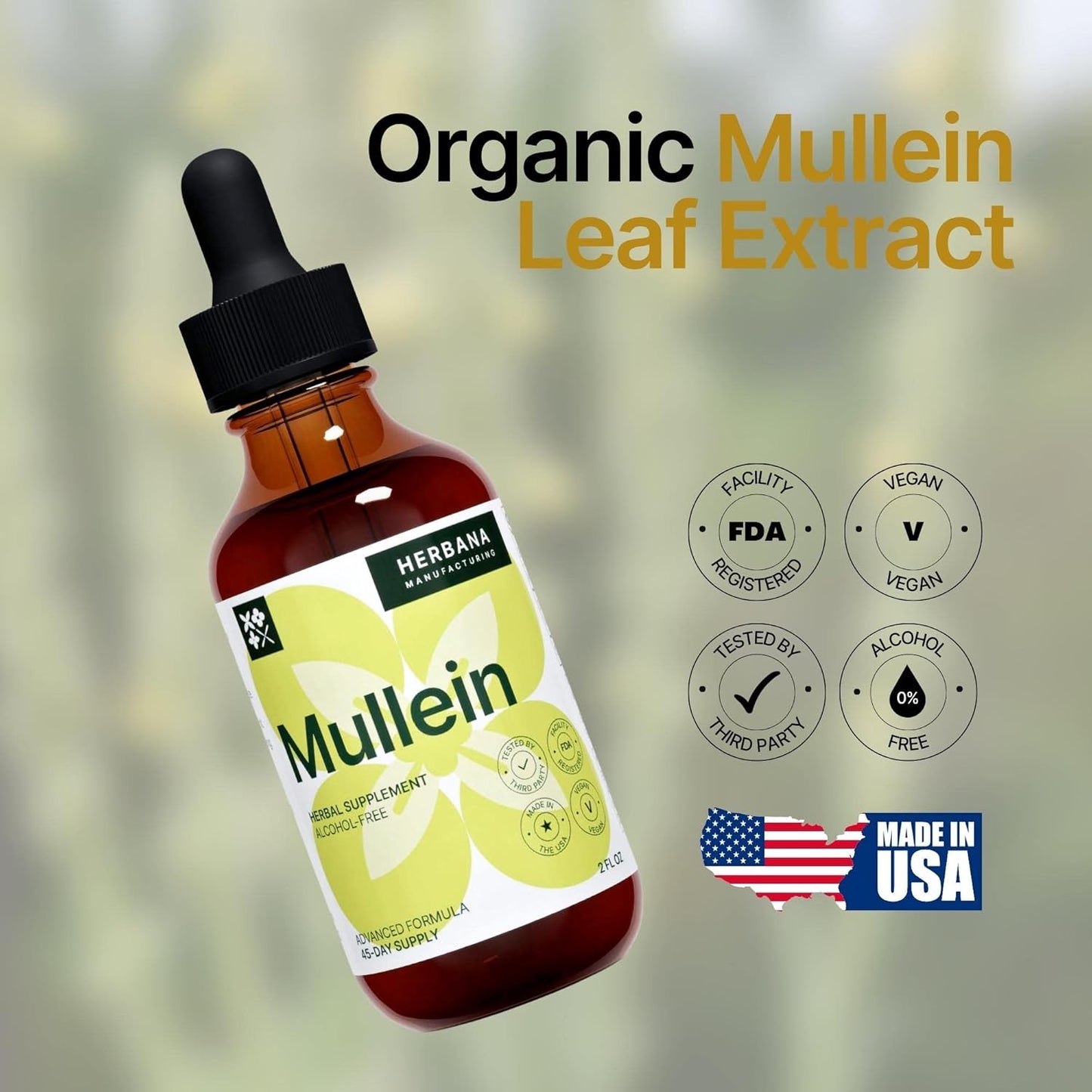 Herbana Manufacturing Mullein Leaf Liquid Extract - Natural Lung Cleanse & Detox Supplement - Respiratory Health and Immune Support Tincture - High Potency Drops - 45-Day Supply