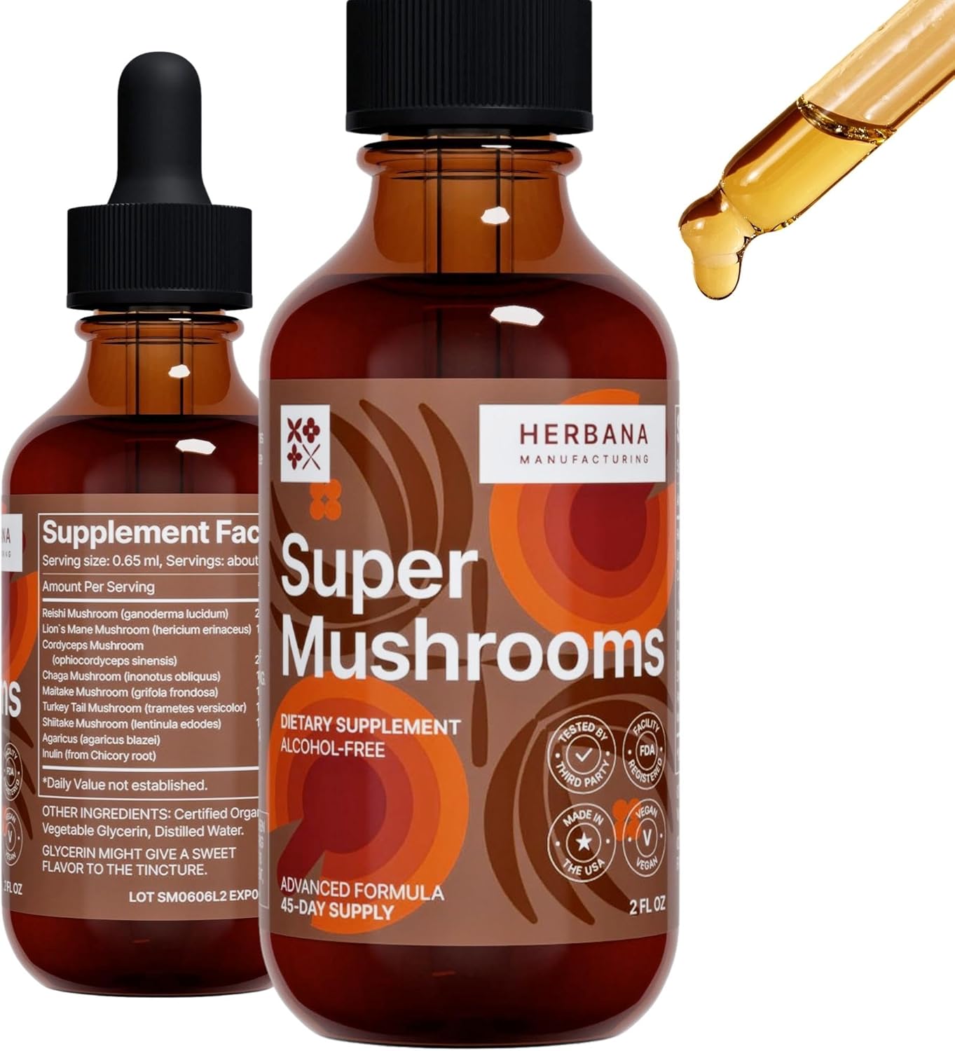 Herbana Manufacturing Super Mushrooms 8-in-1 Liquid Extract for Brain and Immune Support - Reishi, Lion's Mane, Cordyceps, Chaga, and More - High Potency - 45-Day Supply