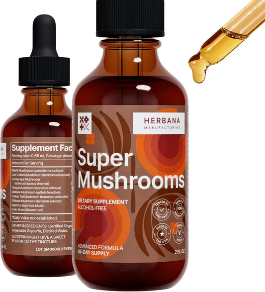 Herbana Manufacturing Super Mushrooms 8-in-1 Liquid Extract for Brain and Immune Support - Reishi, Lion's Mane, Cordyceps, Chaga, and More - High Potency - 45-Day Supply