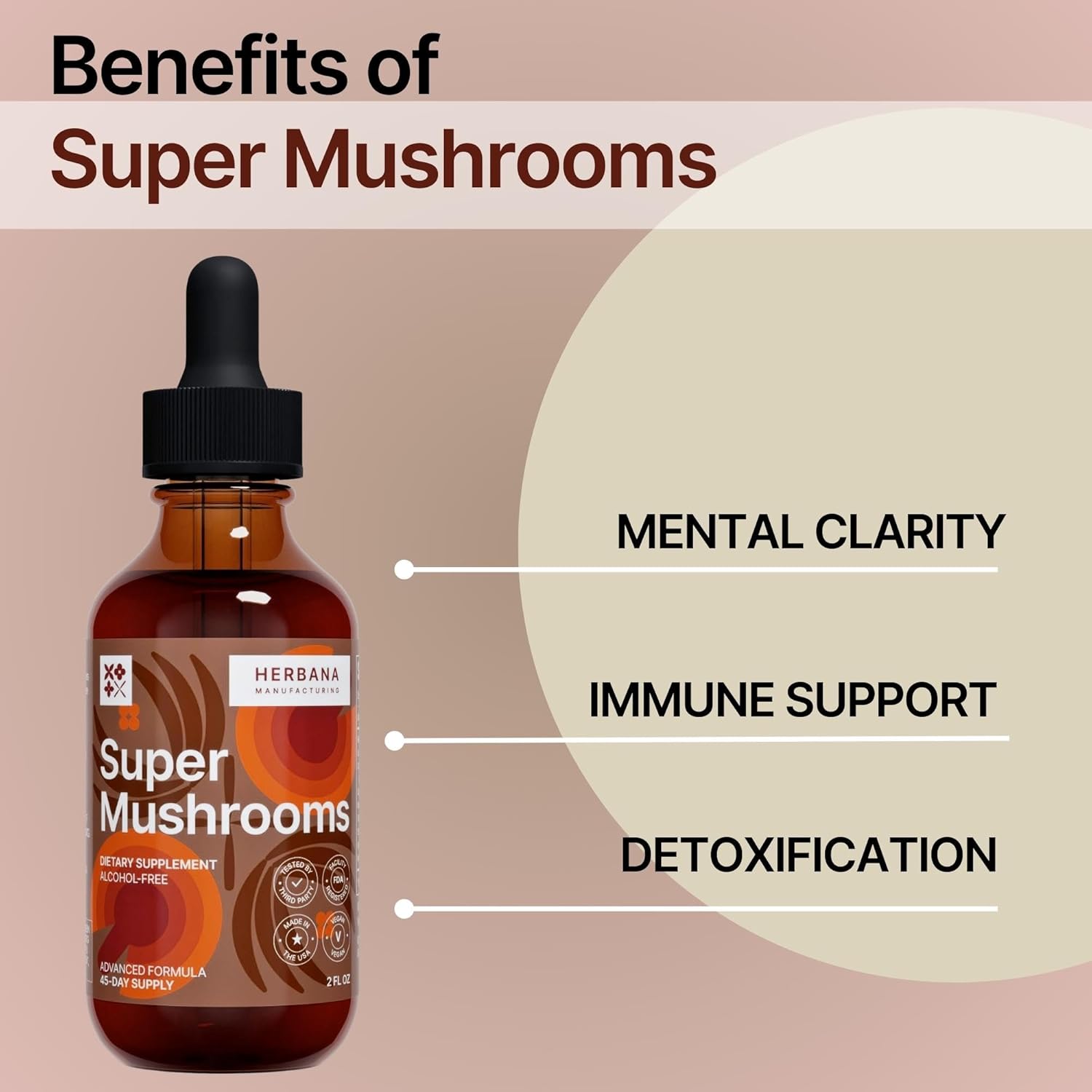Herbana Manufacturing Super Mushrooms 8-in-1 Liquid Extract for Brain and Immune Support - Reishi, Lion's Mane, Cordyceps, Chaga, and More - High Potency - 45-Day Supply