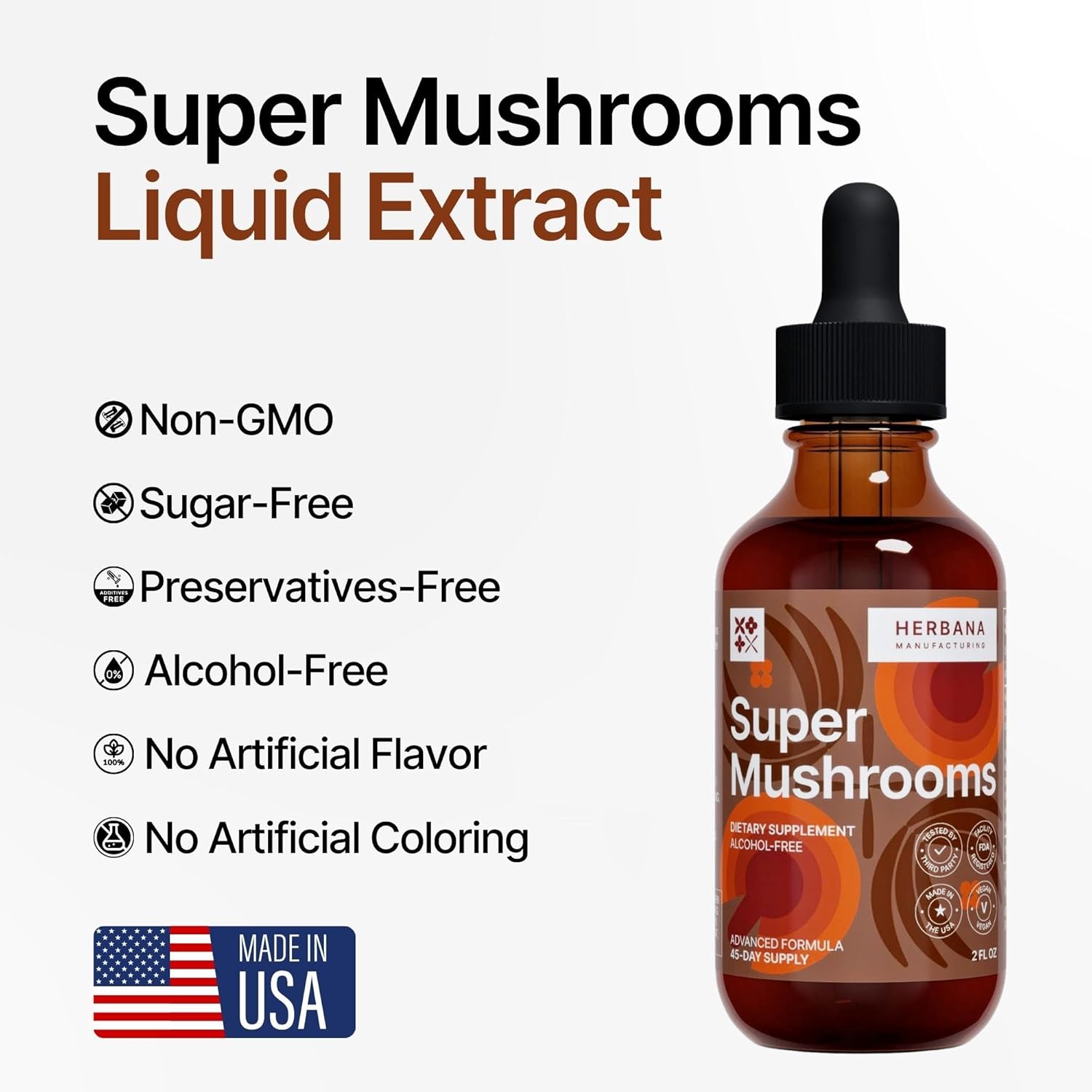 Herbana Manufacturing Super Mushrooms 8-in-1 Liquid Extract for Brain and Immune Support - Reishi, Lion's Mane, Cordyceps, Chaga, and More - High Potency - 45-Day Supply
