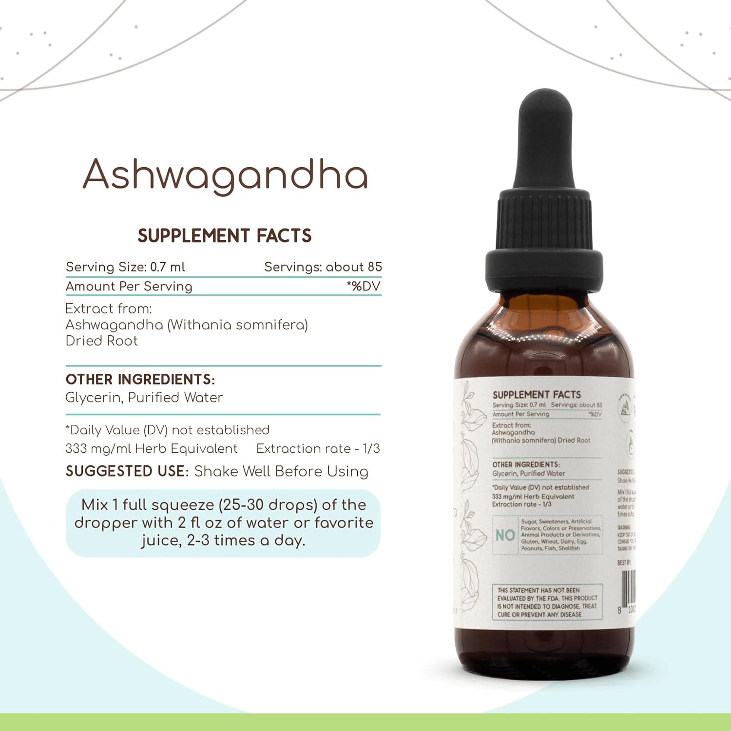 HerbEra Ashwagandha Alcohol-Free Tincture 2 fl oz - Super-Concentrated Extract - Shui Qie, Indian Ginseng