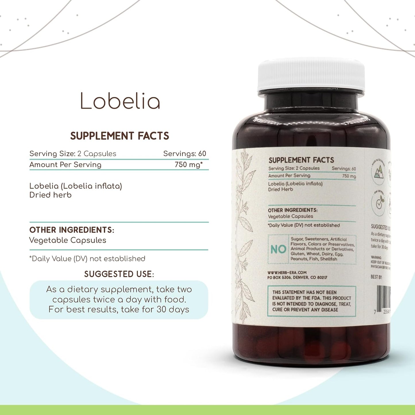 HerbEra Lobelia Capsules - 120 Count, 750mg, Dried Lobelia Herb