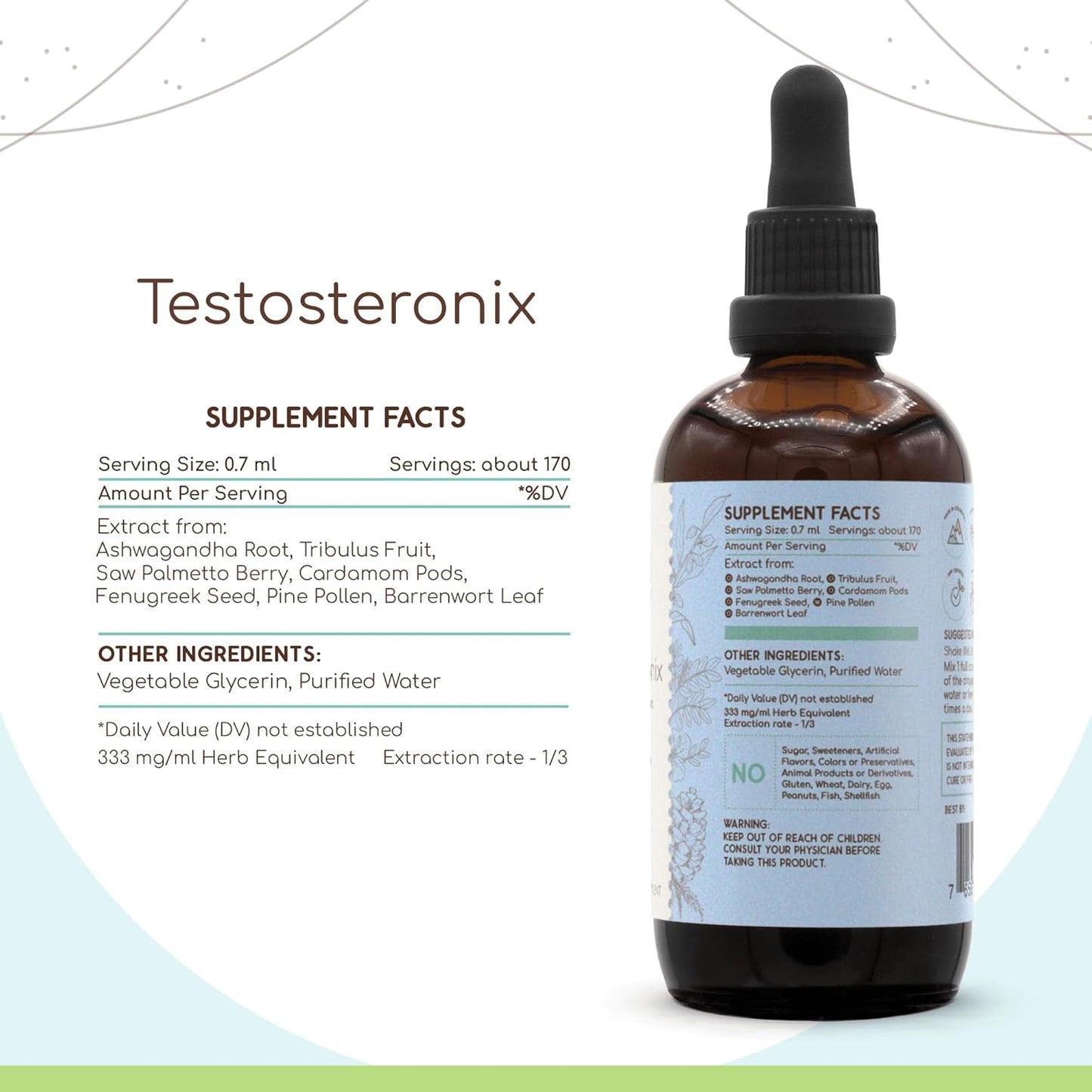 HerbEra Testosteronix B120 Liquid Extract - Ashwagandha, Tribulus, Saw Palmetto, Cardamom, Barrenwort, Fenugreek, Pine Pollen - Alcohol-Free Testosterone Blend 4 oz