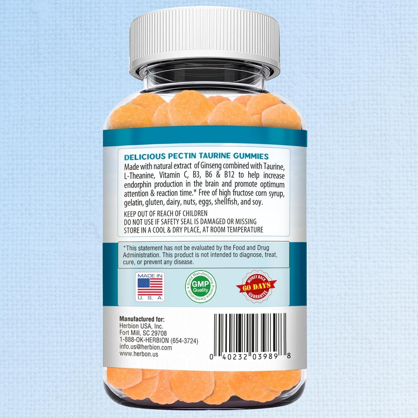Herbion Naturals Taurine Gummies with Ginseng, L-Theanine, Vitamin C, B3, B6, & B12 for Mental Clarity, Peach Flavor, 60 Gummies, USA Made