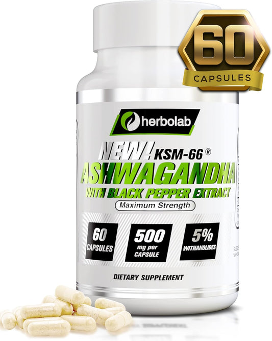 Herbolab Ashwagandha KSM 66 Extract with Black Pepper - High Absorption & Full Spectrum Formula