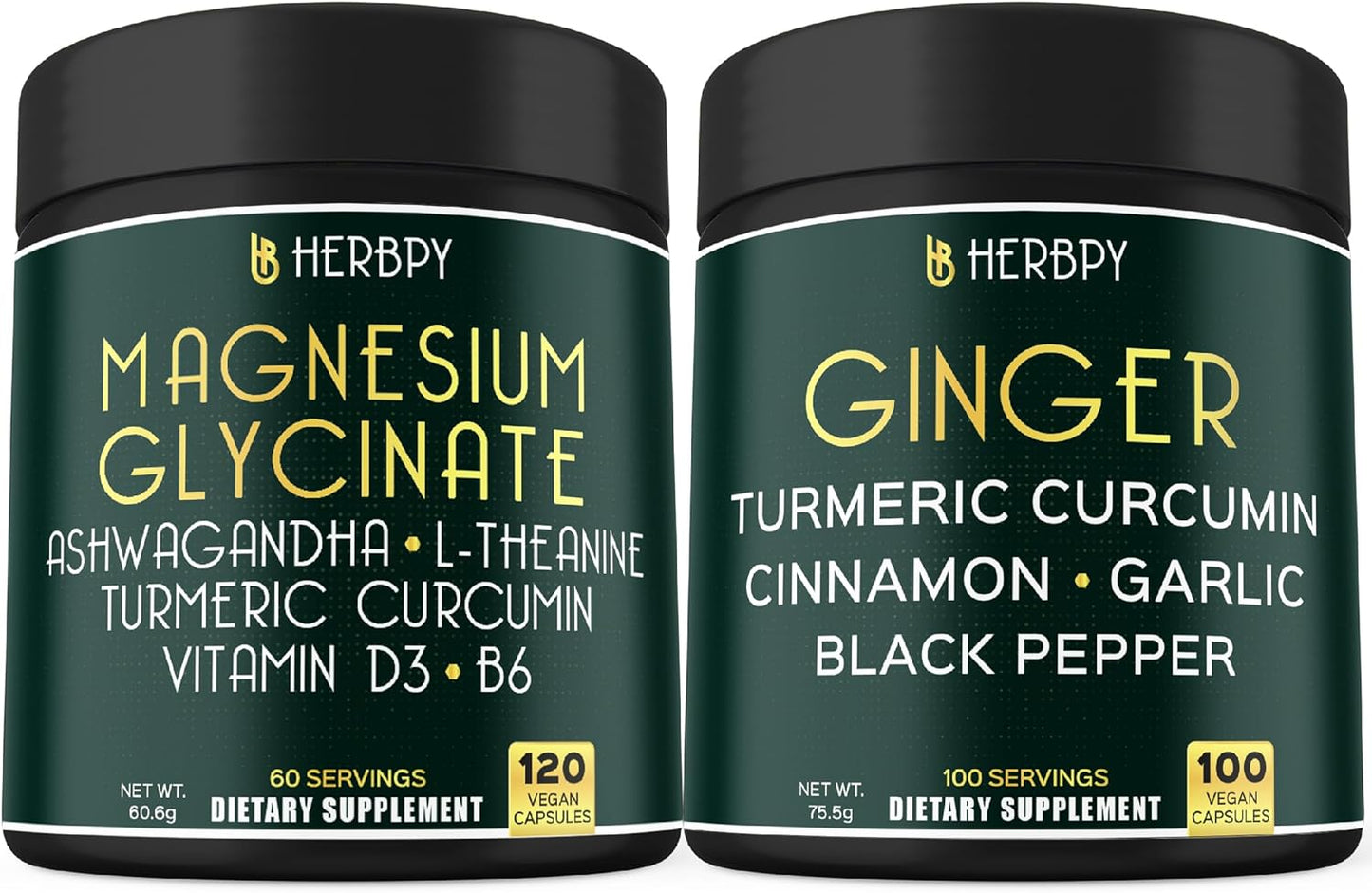 Herbpy Bundle: 6in1 Magnesium Glycinate and 5in1 Ginger Supplements for Relaxation, Heart Health, and Immune Support