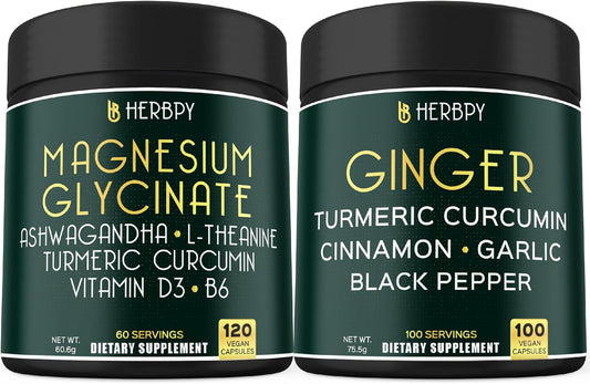 Herbpy Bundle: 6in1 Magnesium Glycinate and 5in1 Ginger Supplements for Relaxation, Heart Health, and Immune Support