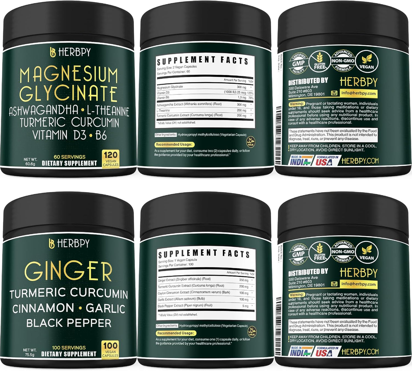 Herbpy Bundle: 6in1 Magnesium Glycinate and 5in1 Ginger Supplements for Relaxation, Heart Health, and Immune Support