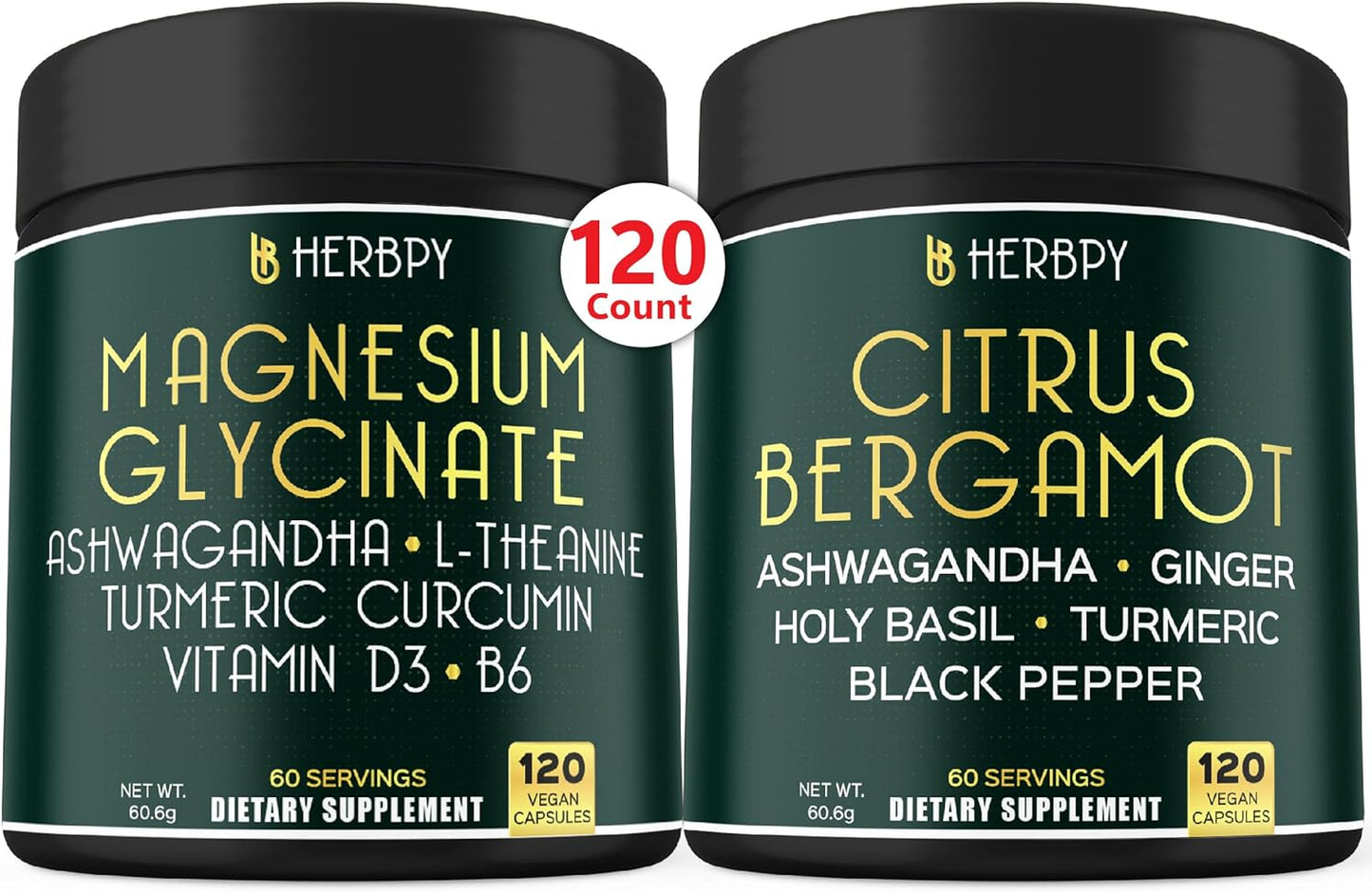 Herbpy Bundle: 6in1 Magnesium Glycinate & Citrus Bergamot Supplements for Health & Relaxation