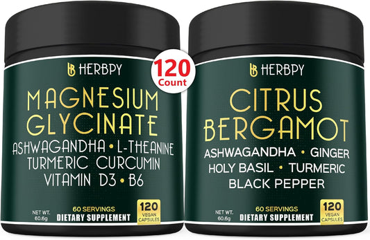 Herbpy Bundle: 6in1 Magnesium Glycinate & Citrus Bergamot Supplements for Health & Relaxation