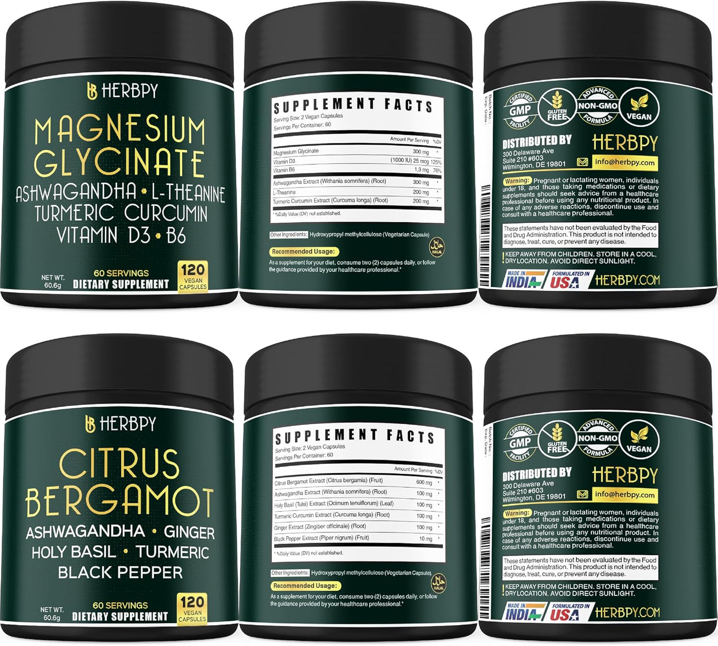 Herbpy Bundle: 6in1 Magnesium Glycinate & Citrus Bergamot Supplements for Health & Relaxation