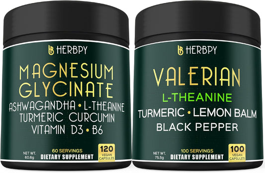 Herbpy Bundle: Magnesium Glycinate & Valerian Root Supplements for Day and Night Support, Relaxation, Brain Health, Immune Boost - 11in1 Formula