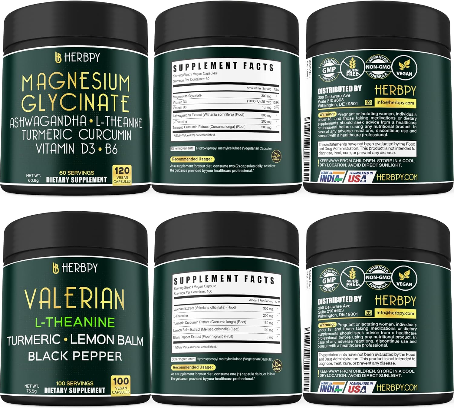 Herbpy Bundle: Magnesium Glycinate & Valerian Root Supplements for Day and Night Support, Relaxation, Brain Health, Immune Boost - 11in1 Formula