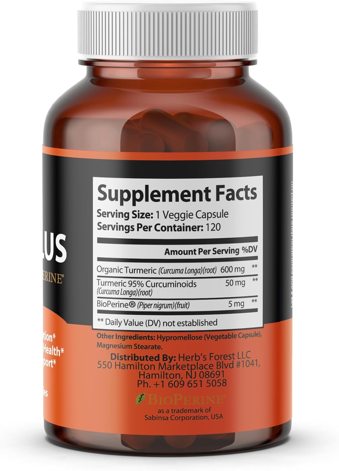 Herb's Forest Organic Turmeric Curcumin Capsules with Black Pepper - 1950mg Daily, Joint Support & Antioxidant Benefits, 120 Veg Caps