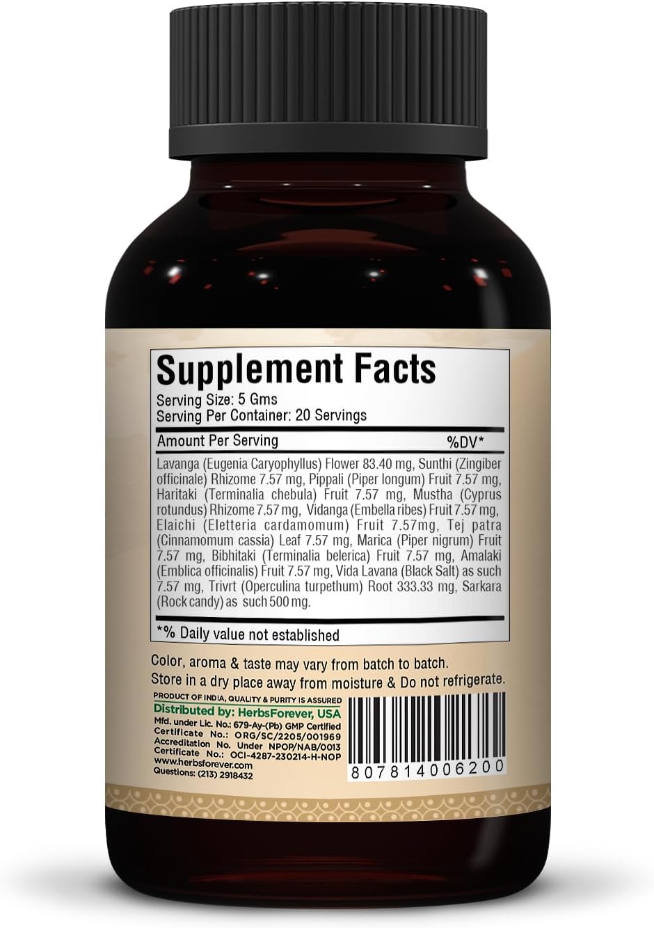Herbsforever Avipatikar Churna: Ayurvedic Blend for Digestion & Bowel Health, Non-GMO, Vegan - 100g