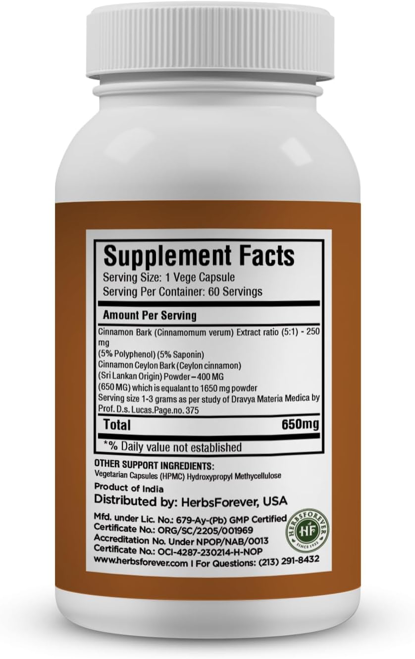 Herbsforever Ceylon Cinnamon Capsules - High Potency 800mg Extract for Overall Wellness - 60 Vege Capsules