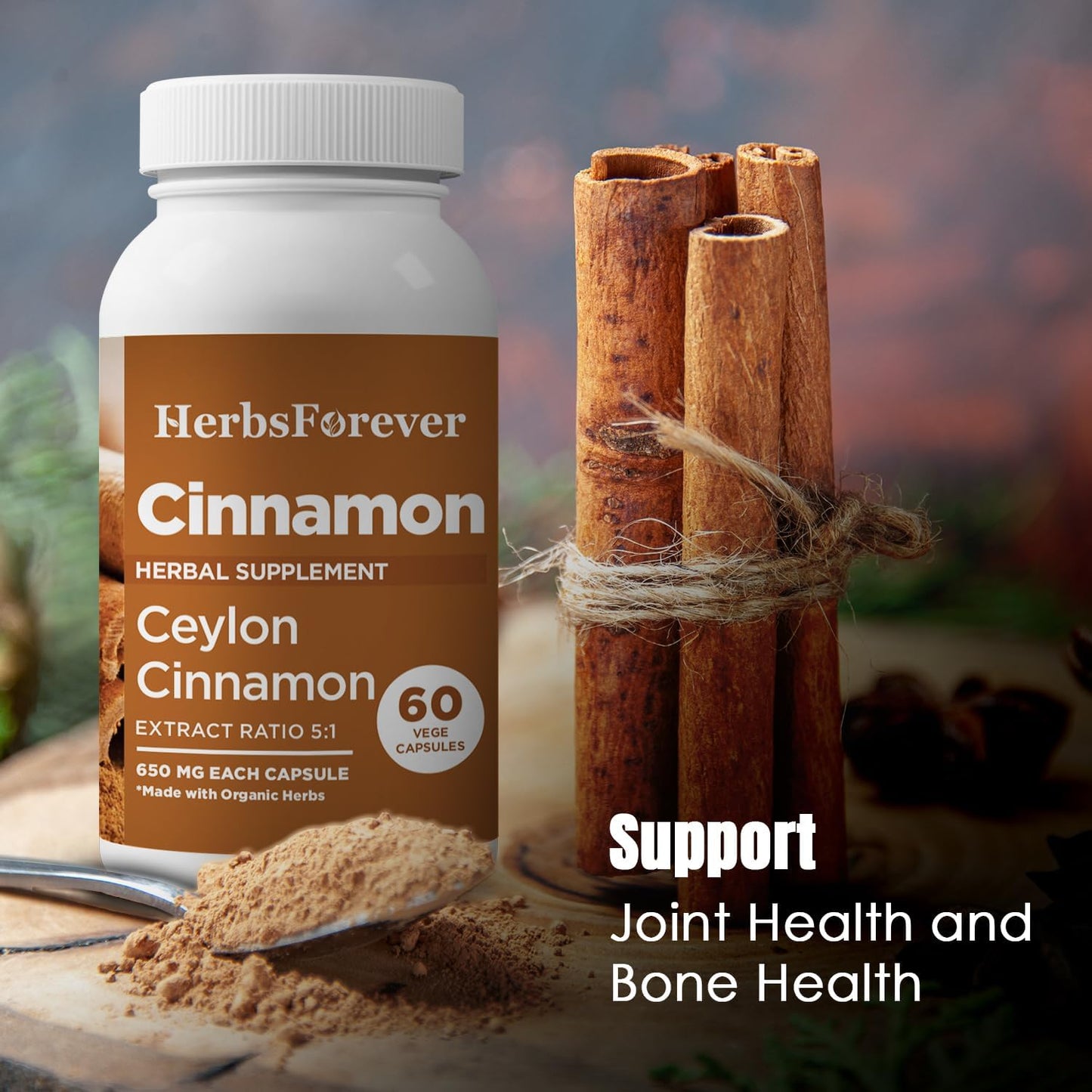 Herbsforever Ceylon Cinnamon Capsules - High Potency 800mg Extract for Overall Wellness - 60 Vege Capsules