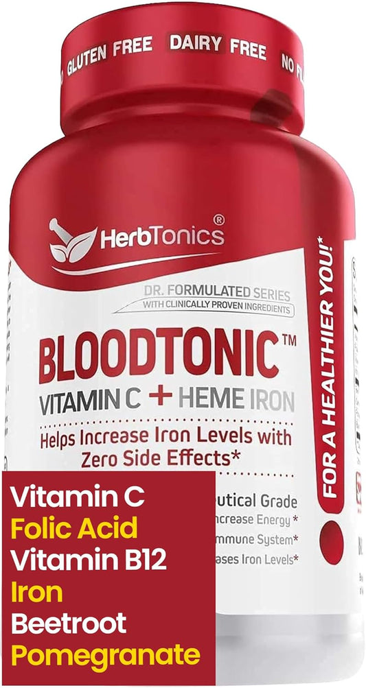 Herbtonics Blood Booster Iron Supplements with Vitamin C, Beet Root, Folate for Energy & Red Blood Cells Production - 30 Vegan Capsules